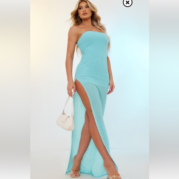 Sky Blue Textured Bandeau Thigh split Maxi Dress (size 12) - Picture 1 of 5